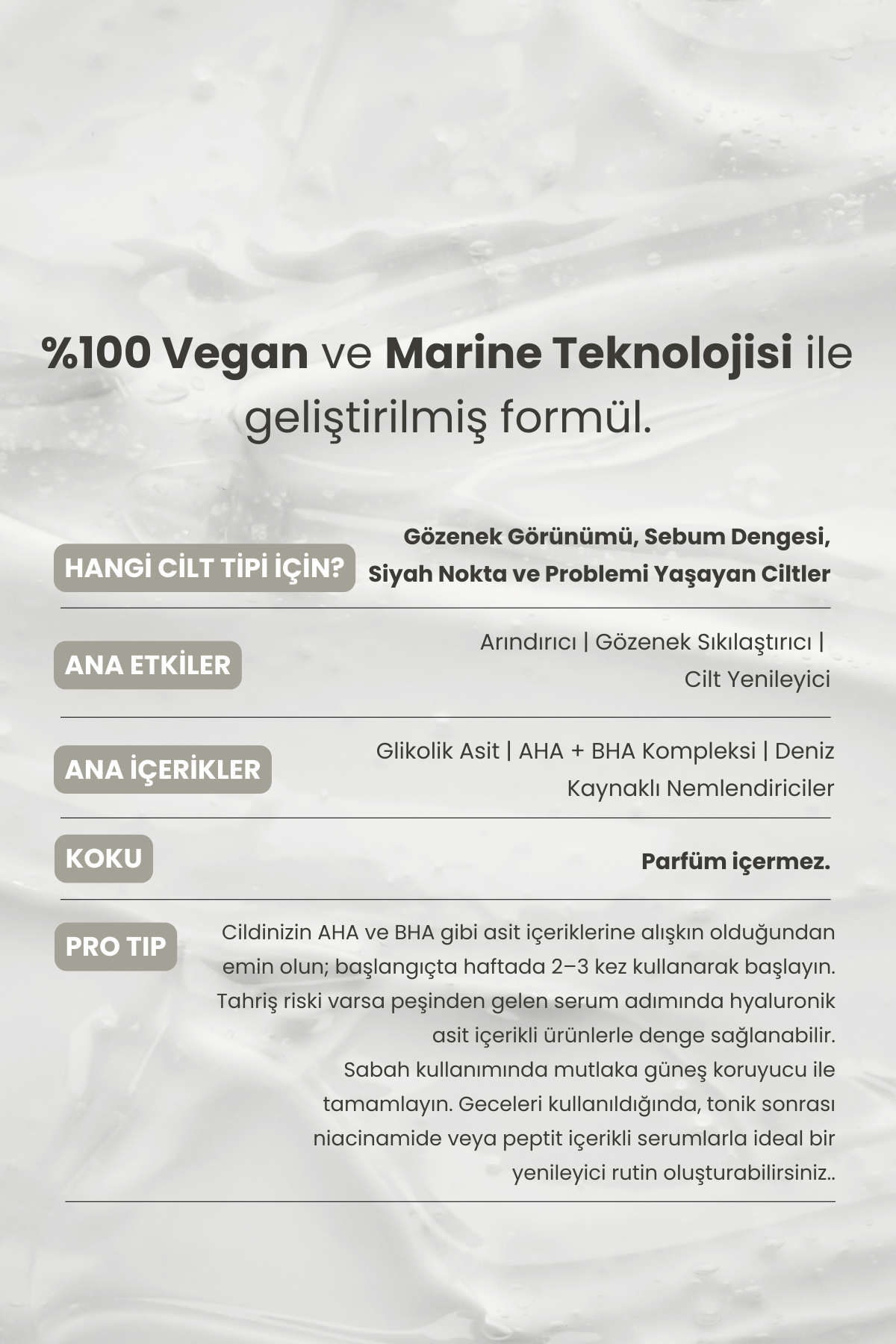 Marine Algae AHA BHA Tonik | %5 Glikolik Asit & Salisilik Asit | Gözenek Arındırıcı ve Rafine Cilt | 100 ml